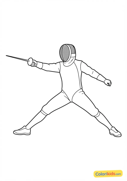 Coloriage à imprimer : Épéiste d'escrime classique en tenue blanche masquée effectuant une farde décisive