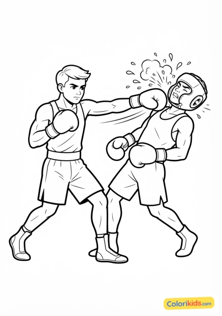 Coloriage à imprimer : boxeur anglais décochant un crochet gauche précis dans un nuage de sueur sous les projecteurs