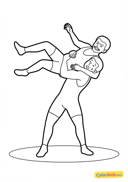 Coloriage à imprimer : lutteur de lutte gréco-romaine soulevant son adversaire avec force sur la piste