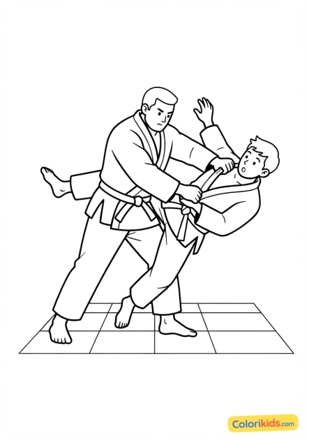 Coloriage à imprimer : pratiquant de judo projetant son adversaire avec une technique de fauchage sur le tatami