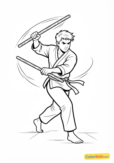 Coloriage à imprimer : pratiquant de kali arnis brandissant deux bâtons en rotin avec une agilité impressionnante