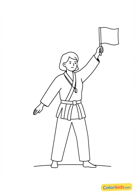 Coloriage à imprimer : arbitre de combat de karaté levant le drapeau rouge pour valider un point décisif