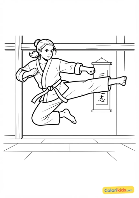 Coloriage à imprimer : combattant de karaté en kimono blanc exécutant un coup de pied sauté puissant dans le dojo