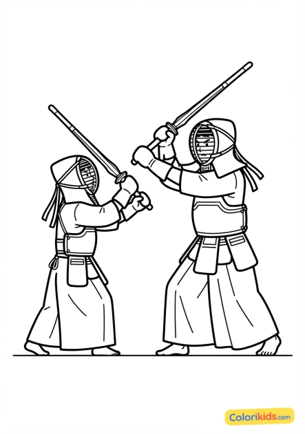 Coloriage à imprimer : maître de kendo brandissant son shinai avec détermination face à son vis-à-vis