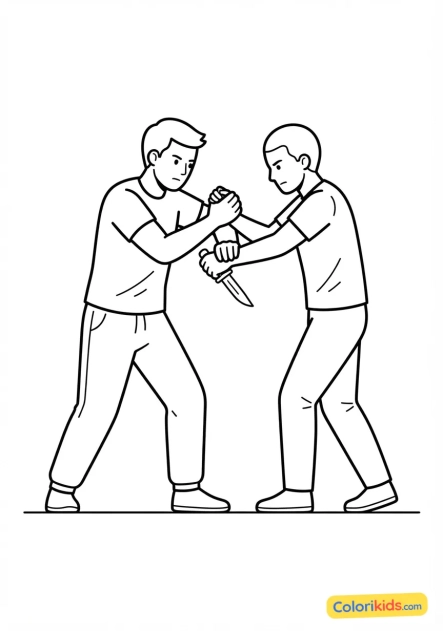 Coloriage à imprimer : pratiquant de krav-maga effectuant une technique de désarmement face à un couteau