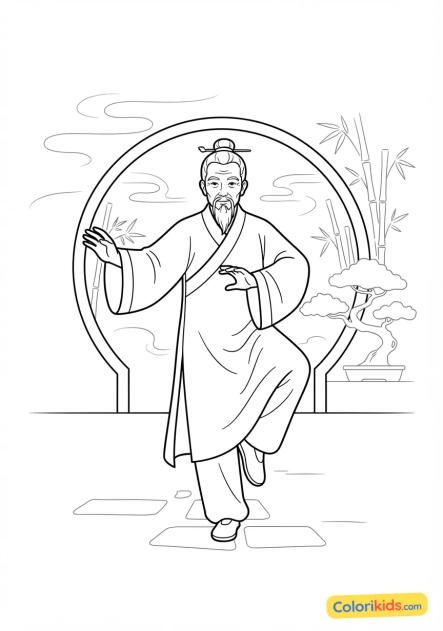Coloriage à imprimer : maître de kung-fu pratiquant les mouvements fluides du tai-chi dans un jardin brumeux