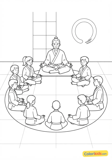 Coloriage à imprimer : maître d'arts martiaux enseignant la méditation assise à ses élèves en cercle dans le dojo