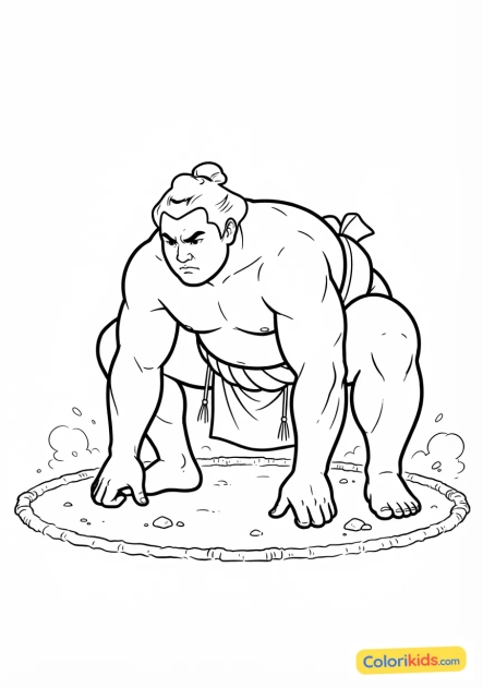 Coloriage à imprimer : lutteur de sumo massif se préparant à charger dans le cercle de combat en terre