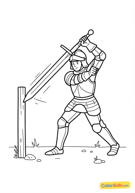 Coloriage à imprimer : guerrier en armure médiévale maniant une lourde épée à deux mains lors d'un entraînement