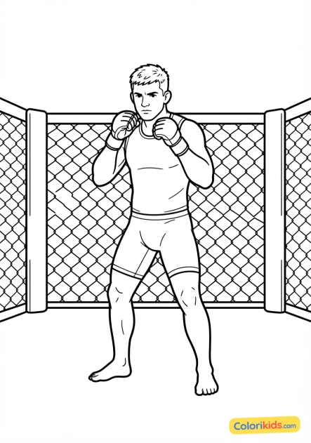Coloriage à imprimer : combattant de MMA (arts martiaux mixtes) en position de garde dans la cage octogonale