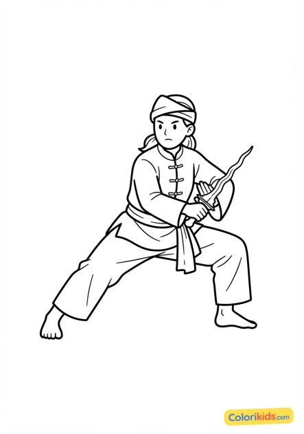 Coloriage à imprimer : athlète de penjak-silat dans une posture fluide et basse avec un poignard traditionnel (kris)