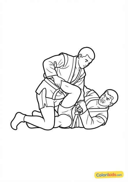 Coloriage à imprimer : pratiquant de sambo effectuant une clé de jambe spectaculaire sur son partenaire