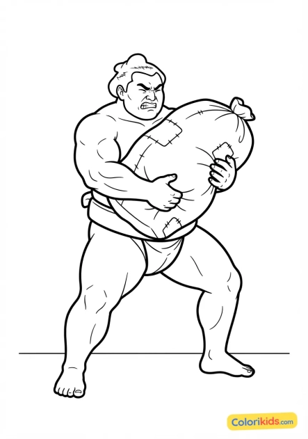 Coloriage à imprimer : pratiquant de sumo soulevant un sac de sable lourd pour s'entraîner à la force physique