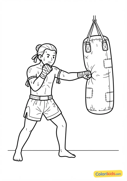Coloriage à imprimer : boxeur thaïlandais en sueur s'exerçant sur un lourd sac de frappe en cuir usé