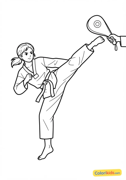 Coloriage à imprimer : athlète de taekwondo frappant une raquette de cible avec un spectaculaire coup de pied circulaire