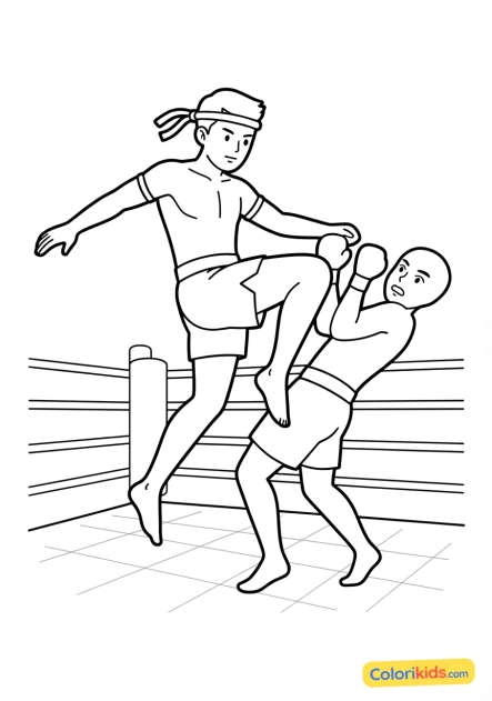 Coloriage à imprimer : boxeur thaïlandais (muay-thaï) assénant un coup de genou marquant dans un ring éclairé