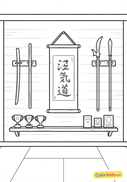 Coloriage à imprimer : ancien dojo en bois traditionnel avec des trophées anciens et des armes suspendues au mur
