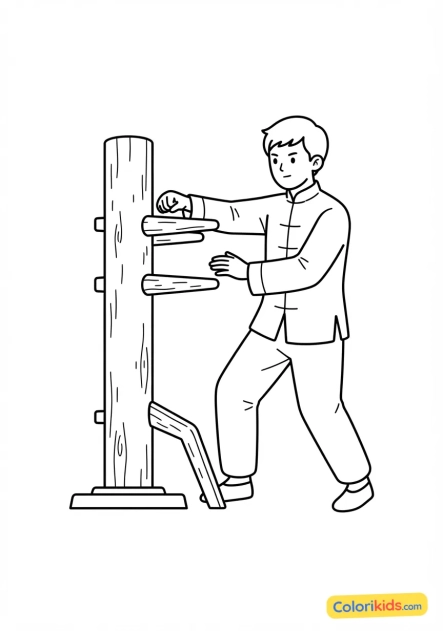 Coloriage à imprimer : pratiquant de wing-chun s'entraînant avec un mannequin de bois traditionnel en bois sombre