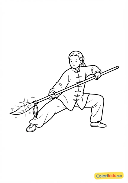 Coloriage à imprimer : pratiquant de wushu effectuant une posture basse avec une longue lance aux reflets brillants