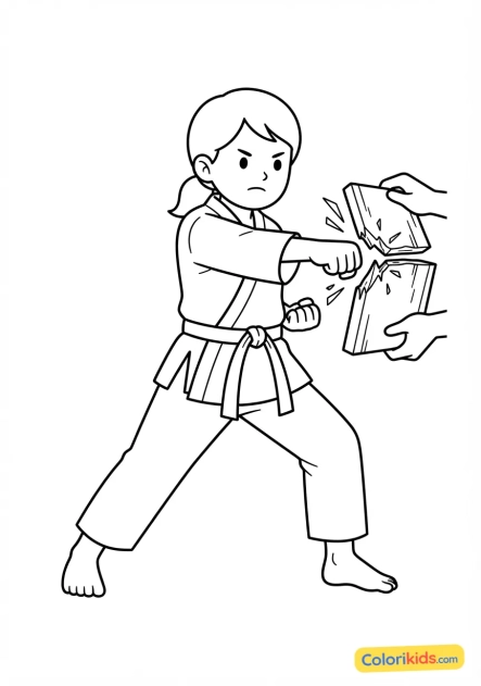 Coloriage à imprimer : jeune fille en kimono de karaté brisant une planche de bois d'un coup de poing net