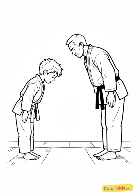 Coloriage à imprimer : jeune garçon débutant en arts martiaux saluant son sensei avec un respect profond