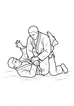 Voir le coloriage Combattant de ju-jitsu brésilien appliquant une clé de bras décisive au sol
