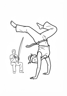 Voir le coloriage Pratiquant de capoeira effectuant un mouvement acrobatique aérien au son du berimbau