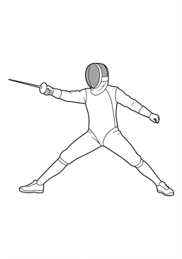 Voir le coloriage Épéiste d'escrime classique en tenue blanche masquée effectuant une farde décisive