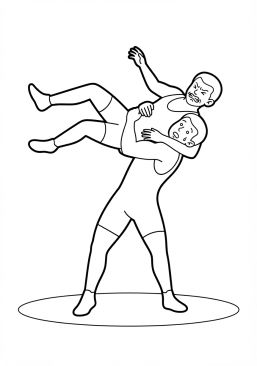 Voir le coloriage Lutteur de lutte gréco-romaine soulevant son adversaire avec force sur la piste
