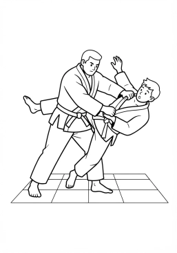 Voir le coloriage Pratiquant de judo projetant son adversaire avec une technique de fauchage sur le tatami