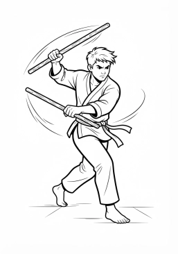 Voir le coloriage Pratiquant de kali arnis brandissant deux bâtons en rotin avec une agilité impressionnante