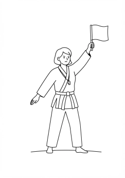 Voir le coloriage Arbitre de combat de karaté levant le drapeau rouge pour valider un point décisif