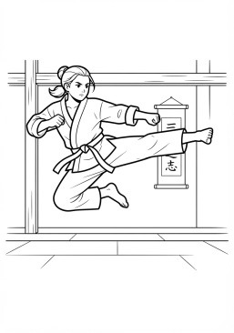 Voir le coloriage Combattant de karaté en kimono blanc exécutant un coup de pied sauté puissant dans le dojo