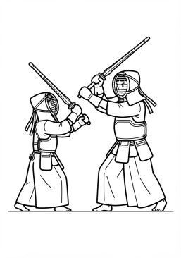 Voir le coloriage Maître de kendo brandissant son shinai avec détermination face à son vis-à-vis