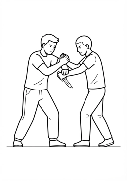 Voir le coloriage Pratiquant de krav-maga effectuant une technique de désarmement face à un couteau
