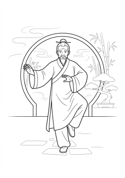 Voir le coloriage Maître de kung-fu pratiquant les mouvements fluides du tai-chi dans un jardin brumeux
