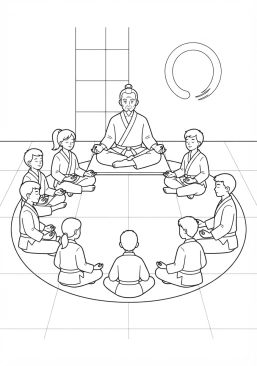 Voir le coloriage Maître d'arts martiaux enseignant la méditation assise à ses élèves en cercle dans le dojo