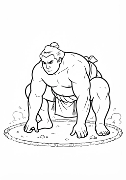 Voir le coloriage Lutteur de sumo massif se préparant à charger dans le cercle de combat en terre