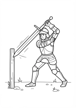 Voir le coloriage Guerrier en armure médiévale maniant une lourde épée à deux mains lors d'un entraînement
