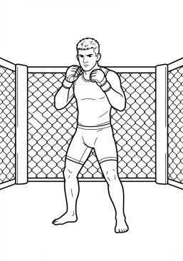 Voir le coloriage Combattant de MMA (arts martiaux mixtes) en position de garde dans la cage octogonale