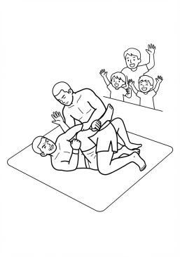 Voir le coloriage Combattant de pancrace en position de soumission au sol sous les encouragements