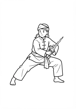 Voir le coloriage Athlète de penjak-silat dans une posture fluide et basse avec un poignard traditionnel (kris)