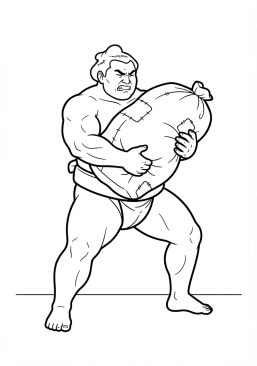 Voir le coloriage Pratiquant de sumo soulevant un sac de sable lourd pour s'entraîner à la force physique
