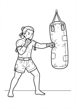 Voir le coloriage Boxeur thaïlandais en sueur s'exerçant sur un lourd sac de frappe en cuir usé