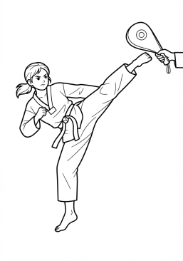 Voir le coloriage Athlète de taekwondo frappant une raquette de cible avec un spectaculaire coup de pied circulaire