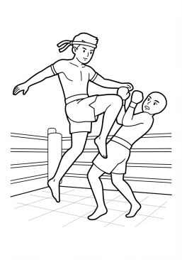 Voir le coloriage Boxeur thaïlandais (muay-thaï) assénant un coup de genou marquant dans un ring éclairé