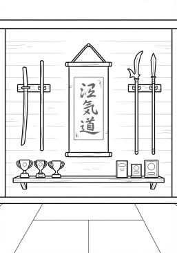 Voir le coloriage Ancien dojo en bois traditionnel avec des trophées anciens et des armes suspendues au mur