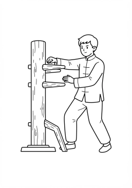Voir le coloriage Pratiquant de wing-chun s'entraînant avec un mannequin de bois traditionnel en bois sombre