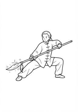 Voir le coloriage Pratiquant de wushu effectuant une posture basse avec une longue lance aux reflets brillants