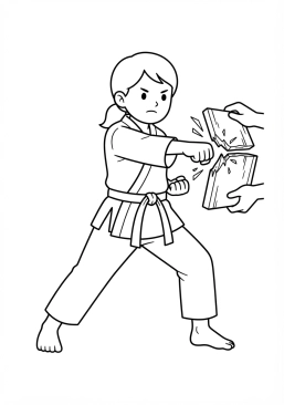 Voir le coloriage Jeune fille en kimono de karaté brisant une planche de bois d'un coup de poing net